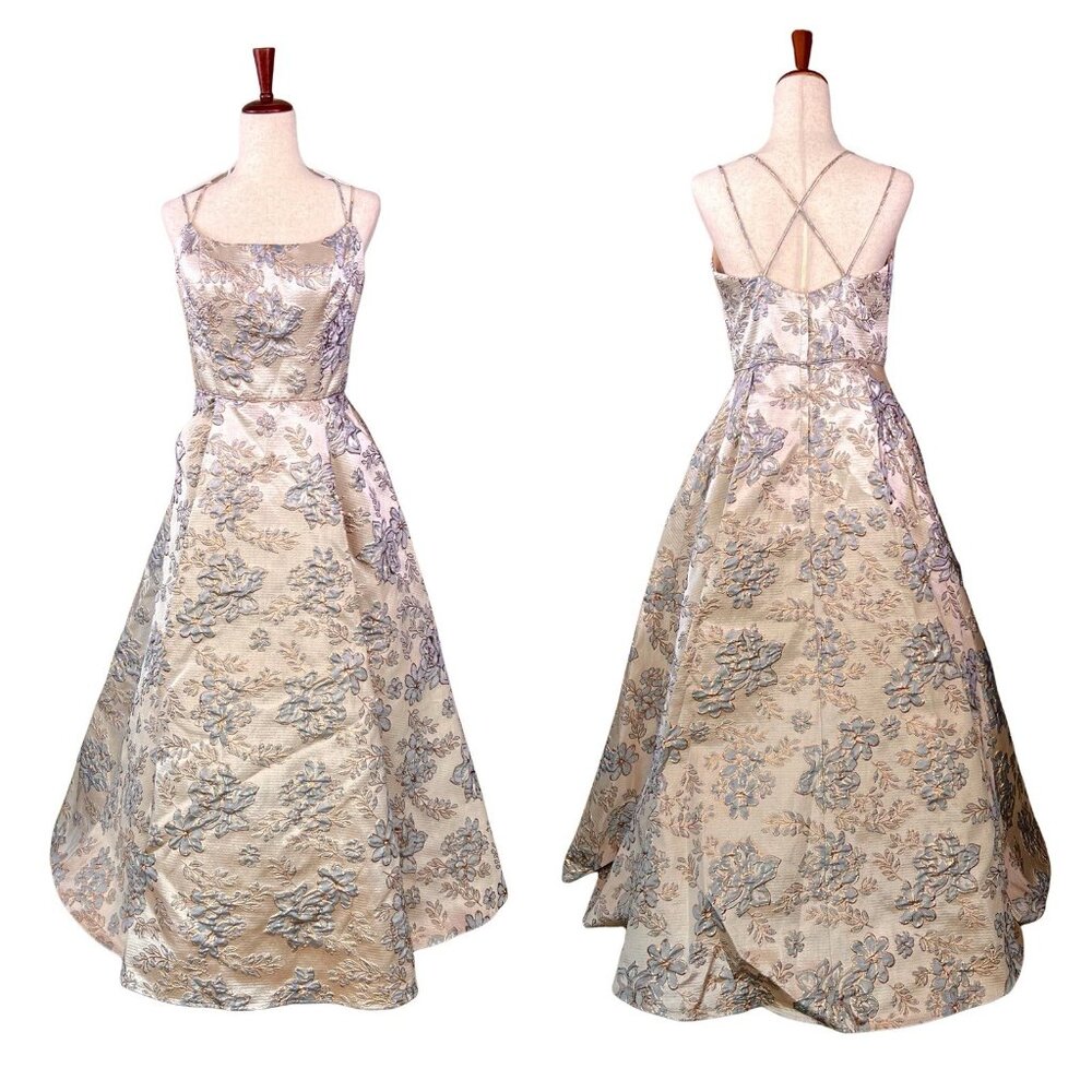 Blondie Nites Junior 11 Metallic Gold Blue Floral Fairycore Ball Gown Prom Dress - Picture 2 of 16